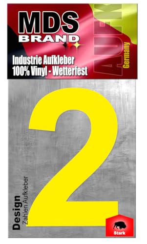 MDS Brand Design 20cm Zahlen Aufkleber | Selbstklebende Hausnummern zum aufkleben | Klebezahlen für Mülltonne, Briefkasten, Hausnummer & Auto | Optimal für Außen & Innen (Gelb, 2) von MDS Brand