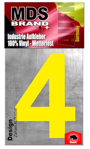 MDS Brand Design 20cm Zahlen Aufkleber | Selbstklebende Hausnummern zum aufkleben | Klebezahlen für Mülltonne, Briefkasten, Hausnummer & Auto | Optimal für Außen & Innen (Gelb, 4) von MDS Brand