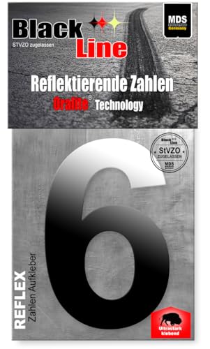 MDS Brand Design 20cm Zahlen Aufkleber | Selbstklebende Hausnummern zum aufkleben | Klebezahlen für Mülltonne, Briefkasten, Hausnummer & Auto | Optimal für Außen & Innen (Reflex Schwarz, 6) von MDS Brand