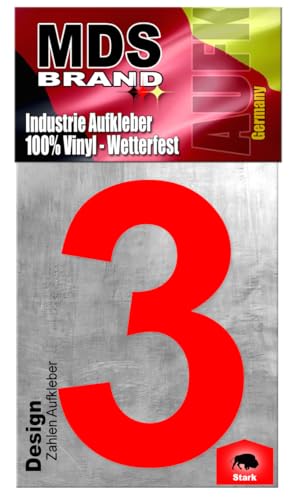MDS Brand Design 20cm Zahlen Aufkleber | Selbstklebende Hausnummern zum aufkleben | Klebezahlen für Mülltonne, Briefkasten, Hausnummer & Auto | Optimal für Außen & Innen (Rot, 3) von MDS Brand