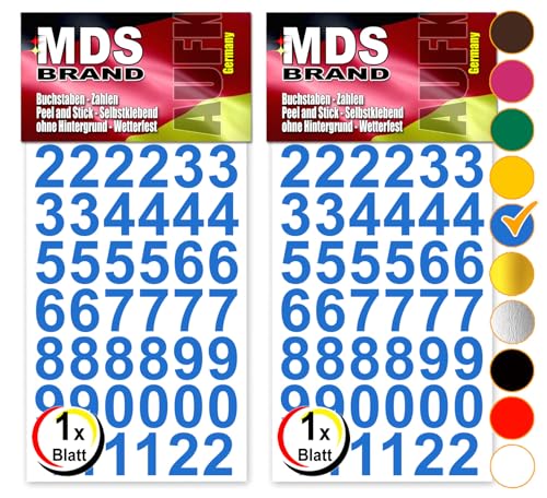 MDS Brand Design 2cm Zahlen Aufkleber | Selbstklebende Klebezahlen | Vinyl Hausnummern zum Aufkleben für Briefkasten, Mülltonnen Aufkleber, Buro Aufkleber, Zahlen für Außen & Innen Peel (Blau) von MDS Brand
