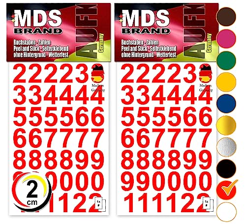 MDS Brand Design 2cm Zahlen Aufkleber | Selbstklebende Klebezahlen | Vinyl Hausnummern zum Aufkleben für Briefkasten, Mülltonnen Aufkleber, Buro Aufkleber, Zahlen für Außen & Innen Peel (Rot) von MDS Brand
