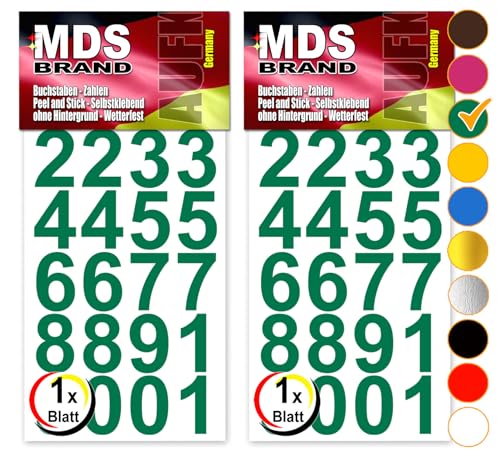 MDS Brand Design 3cm Zahlen Aufkleber | Selbstklebende Klebezahlen | Vinyl Hausnummern zum Aufkleben für Briefkasten, Mülltonnen Aufkleber, Buro Aufkleber, Zahlen für Außen & Innen Peel (Grün) von MDS Brand