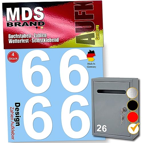 MDS Brand Design 8cm Zahlen Aufkleber 4x Sparr-Pack Selbstklebende Klebezahlen für Briefkasten, Mülltonne & Hausnummeren Aufkleber für Außen & Innen, D-8 (Weiss-6) von MDS Brand