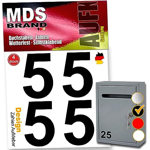 MDS Brand 8cm Design Zahlen Aufkleber 4x Spar Pack Selbstklebende Klebezahlen für Briefkasten, Mülltonne & Hausnummeren Aufkleber für Außen & Innen, D-8 (Schwarz-5) von MDS Brand