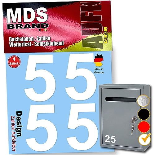 MDS Brand Design 8cm Zahlen Aufkleber 4x Sparr-Pack Selbstklebende Klebezahlen für Briefkasten, Mülltonne & Hausnummeren Aufkleber für Außen & Innen, D-8 (Weiss-5) von MDS Brand