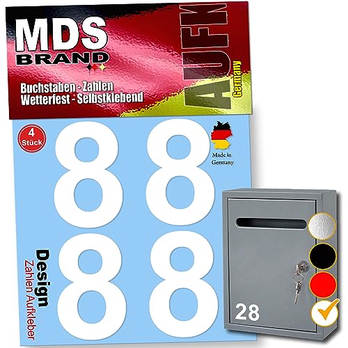 MDS Brand Design 8cm Zahlen Aufkleber 4x Sparr-Pack Selbstklebende Klebezahlen für Briefkasten, Mülltonne & Hausnummeren Aufkleber für Außen & Innen, D-8 (Weiss-8) von MDS Brand