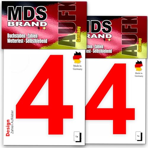 MDS Brand Design 8cm Zahlen Aufkleber Zahlen aufkleber groß | Selbstklebende Klebezahlen wetterfest für Briefkasten, Mülltonne & Hausnummeren Aufkleber für Außen & Innen, 2x-D-8 (Rot-4) von MDS Brand