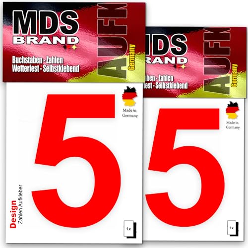 MDS Brand Design 8cm Zahlen Aufkleber Zahlen aufkleber groß | Selbstklebende Klebezahlen wetterfest für Briefkasten, Mülltonne & Hausnummeren Aufkleber für Außen & Innen, 2x-D-8 (Rot-5) von MDS Brand