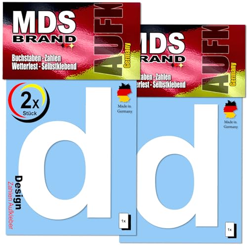 MDS Brand Design 9cm Buchstaben Aufkleber 2x/st | Selbstklebende Klebezahlen für Briefkasten, Mülltonne, Hausnummer Aufkleber für Außen & Innen (d, Weiss) von MDS Brand