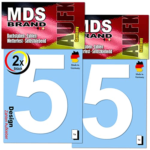 MDS Brand Design 9cm Zahlen Aufkleber | Selbstklebende Klebezahlen für Briefkasten, Mülltonne, Hausnummer Aufkleber für Außen & Innen (5., Weiss) von MDS Brand