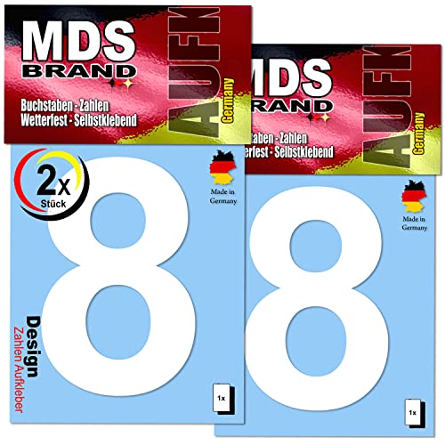 MDS Brand Design 9cm Zahlen Aufkleber | Selbstklebende Klebezahlen für Briefkasten, Mülltonne, Hausnummer Aufkleber für Außen & Innen (8., Weiss) von MDS Brand