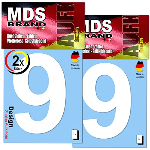 MDS Brand Design 9cm Zahlen Aufkleber | Selbstklebende Klebezahlen für Briefkasten, Mülltonne, Hausnummer Aufkleber für Außen & Innen (9., Weiss) von MDS Brand