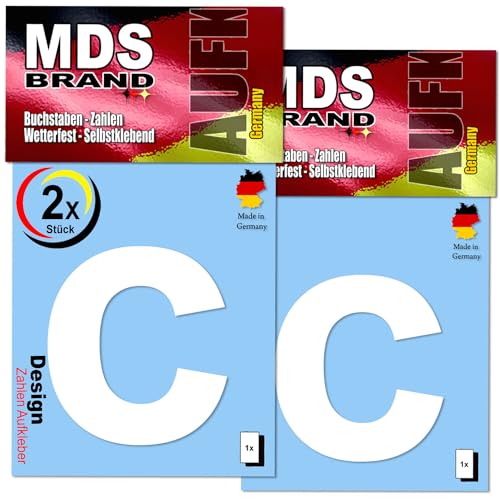 MDS Brand Design 9cm Buchstaben Aufkleber 2x/st | Selbstklebende Klebezahlen für Briefkasten, Mülltonne, Hausnummer Aufkleber für Außen & Innen (c, Weiss) von MDS Brand