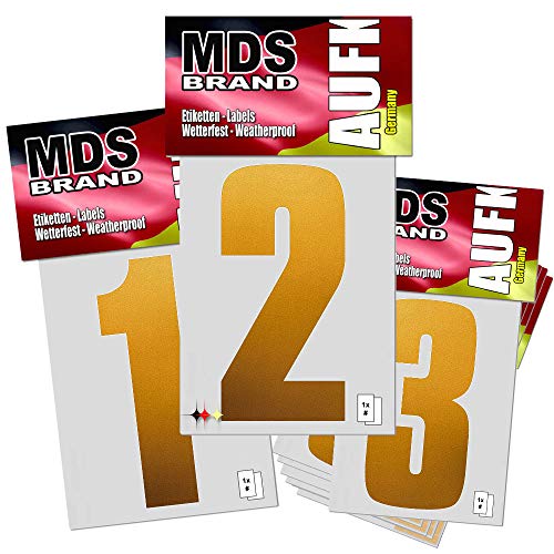 MDS Brand - Prime - 8cm Zahlen Aufkleber 0-9/pk Hausnummern zum aufkleben | Selbstklebende Klebezahlen wetterfest für Briefkasten, Mülltonne & Hausnummeren für Außen & Innen Gold (0-9 Pack) von MDS Brand