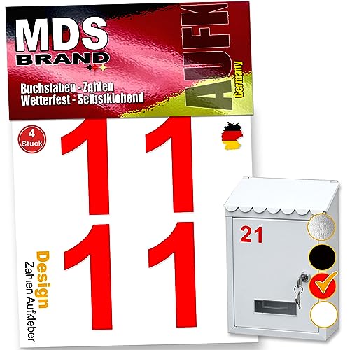 MDS Brand Zahlen Aufkleber 5cm Design Selbstklebende Klebezahlen | Vinyl Hausnummern zum Aufkleben für Briefkasten, Mülltonnen, Hausnummer für Außen & Innen (Rot, 1) von MDS Brand