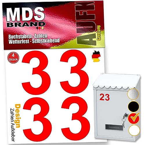 MDS Brand Zahlen Aufkleber 5cm Design Selbstklebende Klebezahlen | Vinyl Hausnummern zum Aufkleben für Briefkasten, Mülltonnen, Hausnummer für Außen & Innen (Rot, 3) von MDS Brand