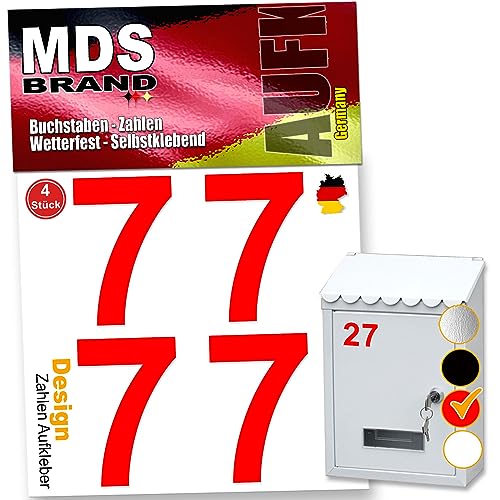 MDS Brand Zahlen Aufkleber 5cm Design Selbstklebende Klebezahlen | Vinyl Hausnummern zum Aufkleben für Briefkasten, Mülltonnen, Hausnummer für Außen & Innen (Rot, 7) von MDS Brand