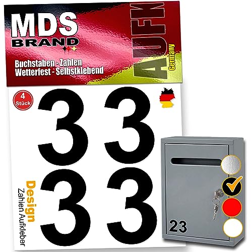 MDS Brand Zahlen Aufkleber 5cm Design Selbstklebende Klebezahlen | Vinyl Hausnummern zum Aufkleben für Briefkasten, Mülltonnen, Hausnummer für Außen & Innen (Schwarz, 3) von MDS Brand