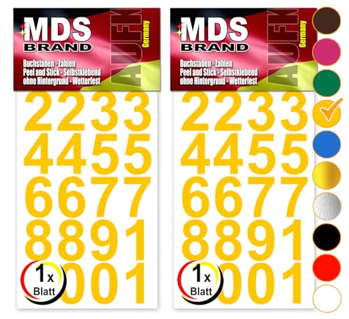 MDS Brand Zahlenaufkleber 2er/pk Selbstklebend Klebezahlen Freistehende wetterfest für Briefkasten, Mülltonne & Basteln Peel (3cm, Gelb) von MDS Brand