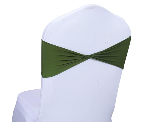 MDS 100 Stück Spandex Stuhlschärpen Schleife Schärpe Elastische Stuhlbänder Krawatten Ohne Schnalle für Hochzeit und Veranstaltungen Dekoration Lycra Slider Schärpen Schleife - Olivgrün von MDS-MEGADECORSUPPLY