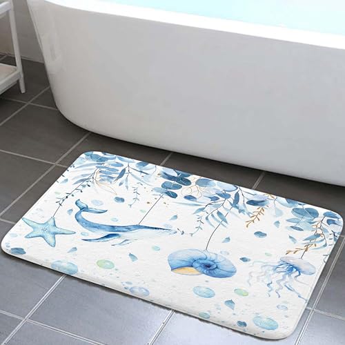 Blaue Küsteneukalyptus-Badematte, Frühlingssalbei, Eukalyptusblatt, Seestern, Quallen, Ozeanschildkröte, Badezimmerteppich, Strand-Thema, Türteppich für Zuhause, Badezimmer, Innen- und Außenbereich von MDUKOIN