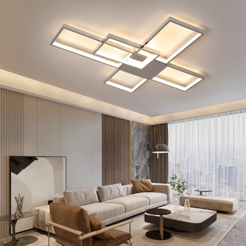 MDWELL Chrom Square Designs Aluminium LED Deckenleuchte, dimmbare Unterputz-Kronleuchter Deckenleuchte mit Fernbedienung für Wohnzimmer Esszimmer Schlafzimmer Küche Länge 78cm von MDWELL