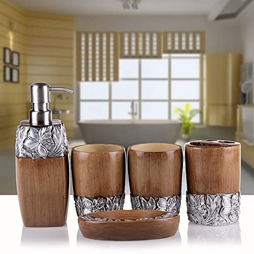 MDZZYQDS 5-Stück Badezimmer Set Stein Sand Blumen Relief Muster Galvanisierter Bad Accessoire Set Lotion-Flaschen, Zahnbürstenhalter, Zahn-Becher, Seifenschale (Color : Brown) von MDZZYQDS