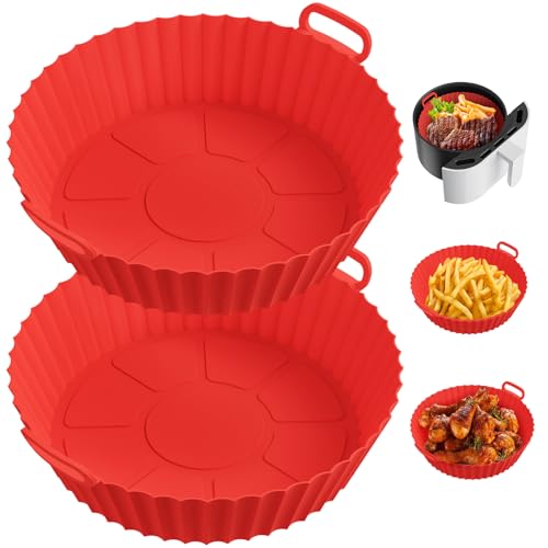 ME.FAN Luftfritteusen-Silikoneinlagen für 4 bis 7 QT [2 Stück] Wiederverwendbarer Luftfritteusenkorb mit Griffen und Löchern, Rot von ME.FAN