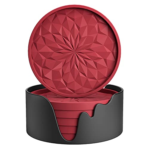 Silikon-Untersetzer [6 Stück] ME.FAN Untersetzer mit Halter – Trinkuntersetzer – Tassenmatte für Getränke – Live für heiße oder kalte Getränke verdickt, rutschfest, tiefes Tablett, weinrot von ME.FAN
