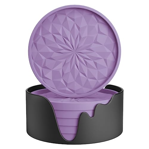Silikon-Untersetzer [6er-Pack] ME.FAN Untersetzer mit Halter – Trinkuntersetzer – Tassenmatte für Getränke – Live für heiße oder kalte Getränke verdickt, rutschfest, tiefes Tablett, hellviolett von ME.FAN