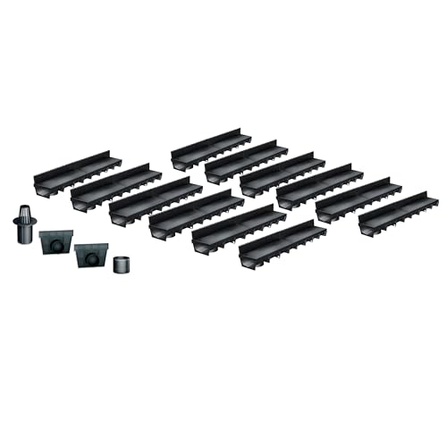 Entwässerungsrinne MEAPARK, 12er Pack (12x1m) mit Kunststoffschlitzaufsatz mit Zubehör - Entwässerungssystem für Terrassen, Schwimmbäder, Garageneinfahrten, Gärten und Fußgängerzonen. BK A15 von MEA