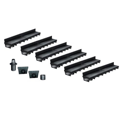Entwässerungsrinne MEAPARK, 6er Pack (6x1m) mit Kunststoffschlitzaufsatz mit Zubehör - Entwässerungssystem für Terrassen, Schwimmbäder, Garageneinfahrten, Gärten und Fußgängerzonen. BK A15 von MEA