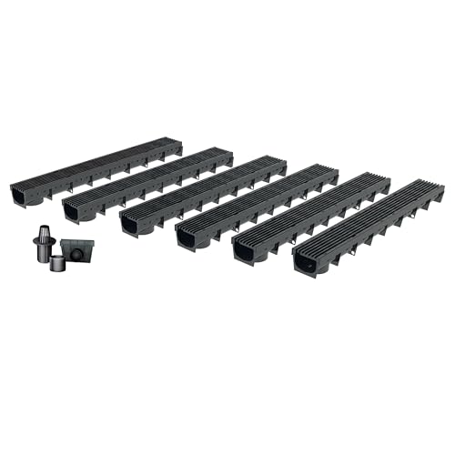 Entwässerungsrinne MEAPARK, 6er Pack (6x1m) mit Längsstabrost aus recyceltem Kunststoff in schwarz mit Zubehör - Entwässerungssystem für Terrassen, Schwimmbäder, Gärten und Fußgängerzonen. BK A15 von MEA