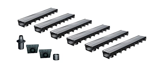 Entwässerungsrinne MEAPARK, 6er Pack (6x1m) mit Stegrost aus verzinktem Stahl mit Zubehör - Entwässerungssystem für Terrassen, Garageneinfahrten, Gärten und Fußgängerzonen. Lichte Weite 100. BK A 15. von MEA