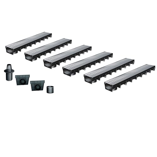 Entwässerungsrinne MEAPARK, 6er Pack (6x1m) mit Stegrost aus verzinktem Stahl mit Zubehör - Entwässerungssystem für Terrassen, Garageneinfahrten, Gärten und Fußgängerzonen. Lichte Weite 100. BK A 15. von MEA