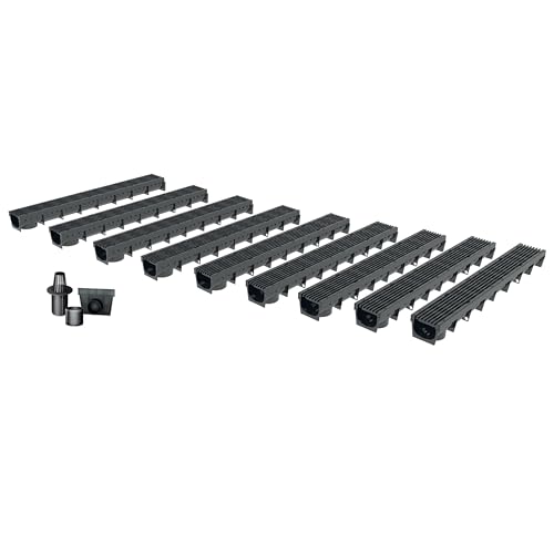 Entwässerungsrinne MEAPARK, 9er Pack (9x1m) mit Längsstabrost aus recyceltem Kunststoff in schwarz mit Zubehör - Entwässerungssystem für Terrassen, Schwimmbäder, Gärten und Fußgängerzonen. BK A15 von MEA
