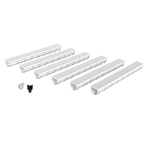 MEA Entwässerungsrinne DECOLINE aus GFK, 6er Pack (6x1m) mit Längsstabrost aus Kunststoff in steingrau mit Zubehör - Entwässerungssystem für Terrassen, Schwimmbäder, Garageneinfahrten, Fußgängerzonen von MEA
