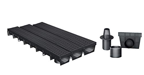 MEA Entwässerungsrinne MEAPARK, 3er Pack (3x1m) mit Stegrost aus hochwertigem Polyamid in schwarz mit Zubehör - Entwässerungssystem für Terrassen, Schwimmbäder, Garageneinfahrten und Fußgängerzonen von MEA