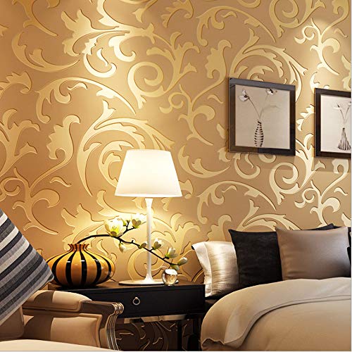 Moderne, minimalistische Vlies-Tapete, 3D, europäischer Stil, Ranke, Blätter, Schlafzimmer, Wohnzimmer, TV-Hintergrund, Wand-Dekoration, Restaurant, Hotel, 1.73'W x 32.8'L Nicht Geklebt(goldgelb) von MEAIHOME