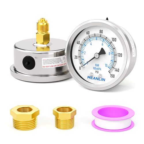 MEANLIN MEASURE 0~10BAR/150PSI Trockenes Manometer Edelstahl 1/4"BSP 2"FACE DIAL Wasserdicht für Brunnen Pumpe Wasser Reifen Wasserdruck Tester Back Mount, mit 1/2"BSP und 3/8"BSP Hex Bushing von MEANLIN MEASURE