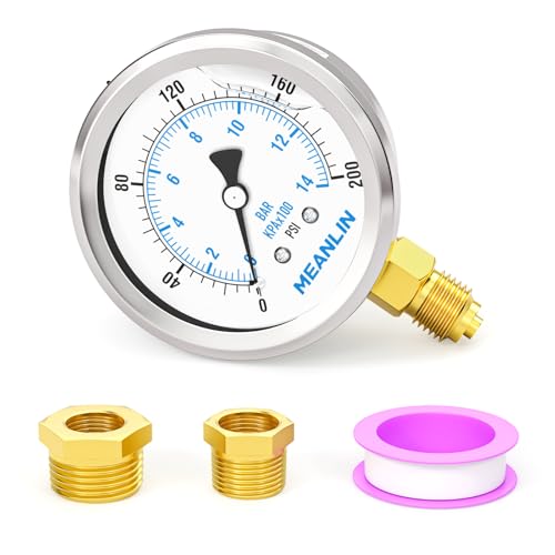 MEANLIN MEASURE 0~14BAR/0~200PSI Flüssigkeitsgefülltes Manometer, Edelstahl 1/4"BSP 2.5"FACE DIAL, WOG Wasser-Öl-Luft Unterteil, mit 1/4"x 1/2"BSP und 1/4"x 3/8"BSP Sechskantbuchse von MEANLIN MEASURE