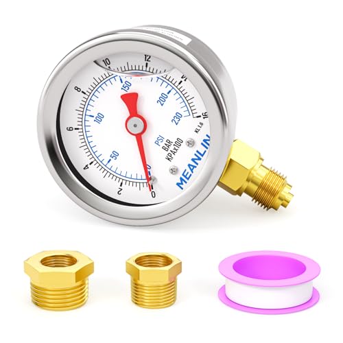 MEANLIN MEASURE 0-16 Bar/230PSI Edelstahl 1/8" BSP 1.5" FACE DIAL, Glyzerin-gefülltes Manometer, flüssigkeitsgefüllt, mit 1/8" x 1/4" BSP und 1/8" x 3/8" BSP Sechskantbuchse von MEANLIN MEASURE