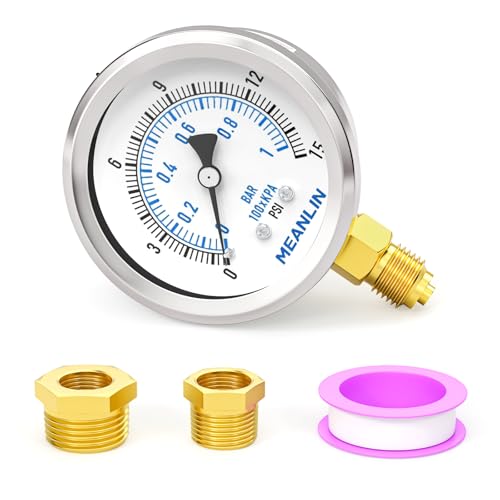 MEANLIN MEASURE 0~1BAR/0~15PSI Trockendruckmanometer Edelstahl 1/4"BSP 2"FACE DIAL Wasserdicht für Brunnen Pumpe Wasser Reifen Wasserdruck Tester Untere Halterung, mit 1/2"BSP und 3/8"BSP Hex Buchse von MEANLIN MEASURE