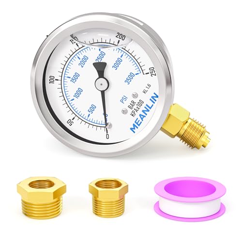 MEANLIN MEASURE 0-250bar/3500PSI Edelstahl 1/4" BSP 2.5" FACE DIAL Flüssigkeitsgefülltes Manometer WOG Wasser Öl Luft Untere Montage, mit 1/4" x 1/2" BSP und 1/4" x 3/8" BSP Sechskantbuchse MEANLIN MEASURE 0-250bar/3500PSI Edelstahl 1/4" BSP 2.5" FACE DIAL Flüssigkeitsgefülltes Manometer WOG Wasser Öl Luft Untere Montage, mit 1/4" x 1/2" BSP und 1/4" x 3/8" BSP Sechskantbuchse von MEANLIN MEASURE