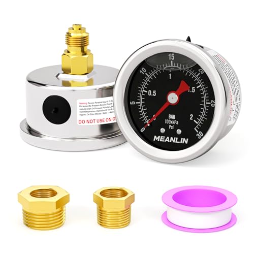 MEANLIN MEASURE 0~2Bar/0~30Psi Edelstahl 1/8" BSP 1.5" FACE DIAL, Manometer mit Glyzerinfüllung, flüssigkeitsgefüllt, rückseitige Montage (schwarz) mit 1/4" BSP und 3/8" BSP Sechskantbuchse von MEANLIN MEASURE