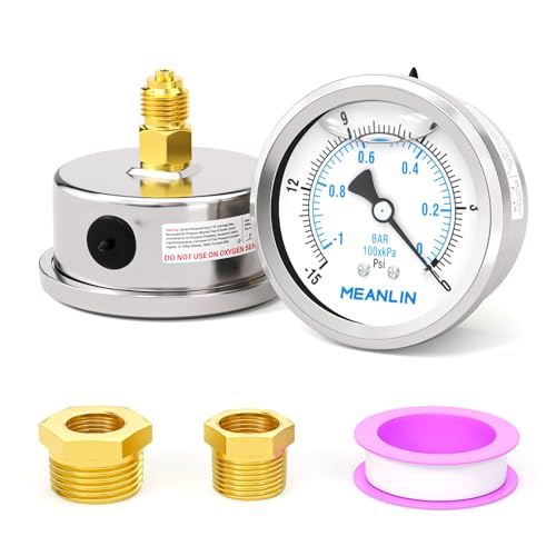 MEANLIN MEASURE -1~0BAR/-15~0PSI Edelstahl 1/4"BSP 2.5"FACE DIAL Flüssigkeitsgefülltes Manometer WOG Wasser Öl Luft Hintere Montage, mit 1/4"x 1/2"BSP und 1/4"x 3/8"BSP Sechskantbuchse MEANLIN MEASURE -1~0BAR/-15~0PSI Edelstahl 1/4"BSP 2.5"FACE DIAL Flüssigkeitsgefülltes Manometer WOG Wasser Öl Luft Hintere Montage, mit 1/4"x 1/2"BSP und 1/4"x 3/8"BSP Sechskantbuchse von MEANLIN MEASURE
