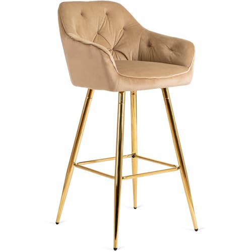 MEBEL ELITE Barhocker mit Lehne - Barstuhl Beige mit Armlehne und Fußstütze - Gepolstert Bar Hocker aus Samt und Metall - Küchenhocker Leicht zu Reinigen - Sitzhöhe 77 cm von MEBEL ELITE