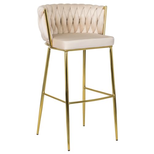MEBEL ELITE Barhocker mit Lehne - Barstuhl Creme mit Fußstütze - Gepolstert Bar Hocker aus Samt und Metall - Küchenhocker Leicht zu Reinigen - Sitzhöhe 81 cm von MEBEL ELITE