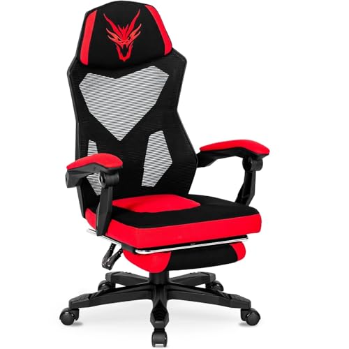MEBEL ELITE Bürostuhl Gaming Stuhl mit Fußstütze Rot - Gamingstuhl Stoff mit Kopfstütze - Gamer Stuhl mit Gummiräder - Gaming Sessel mit Armlehne - Bequem Computerstuhl bis zu 150 kg von MEBEL ELITE